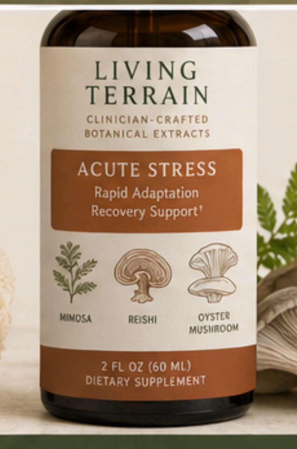 Acute Stress extract in a dropper bottle with a clay label
