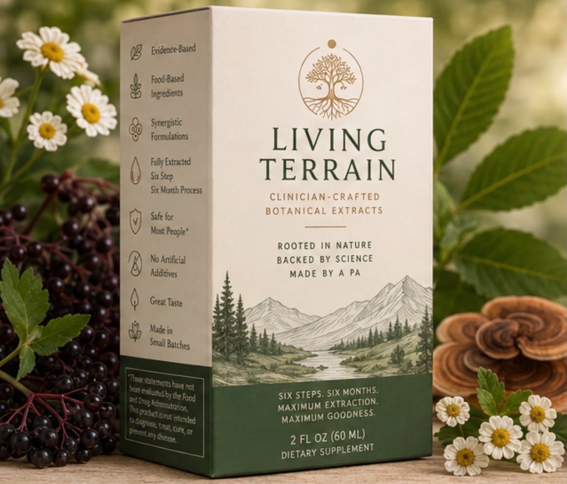 Living Terrain packaged box featuring the rooted-tree emblem and mountains