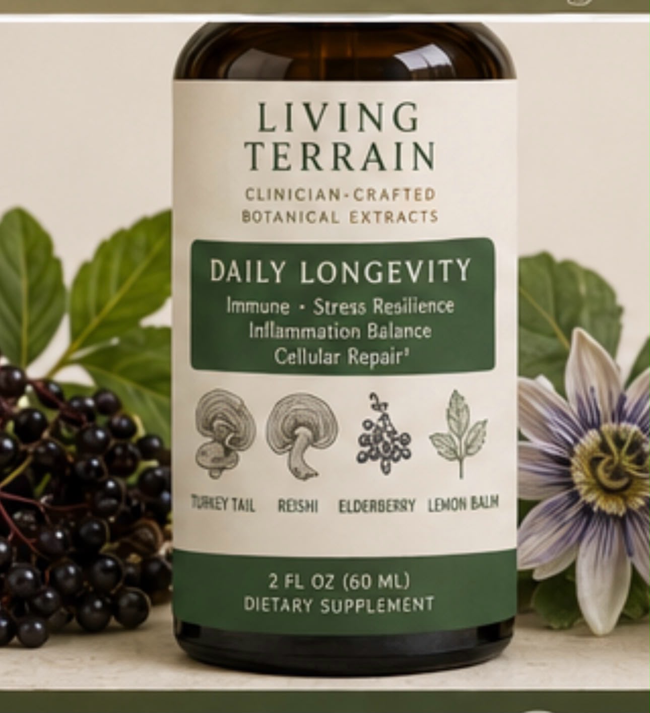 Daily Longevity extract in a dropper bottle with a green label