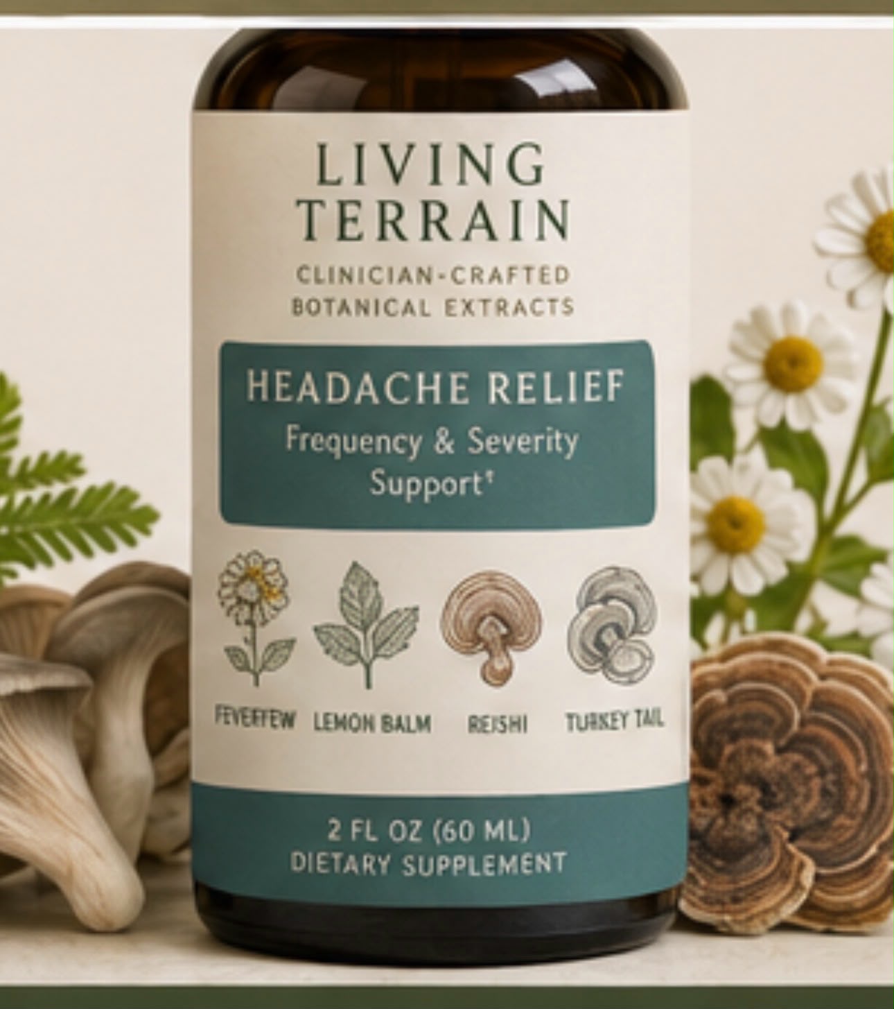 Headache Relief extract in a dropper bottle with a teal label
