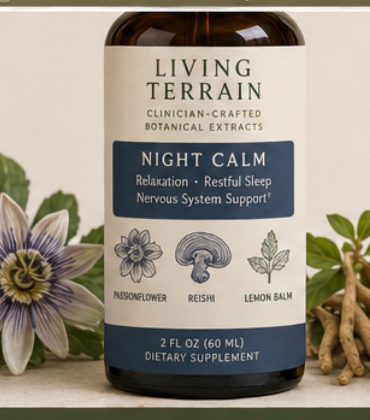 Night Calm extract in a dropper bottle with a slate label